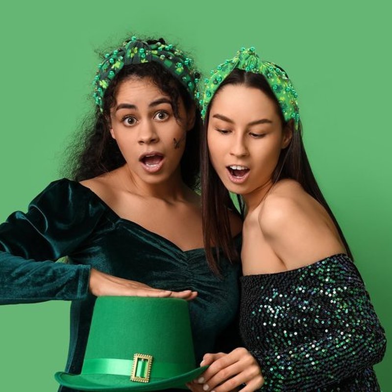 2 Pack St. Patrick's Day Headband for Women Clover Print Pearl Rhinestone Crystal Jeweled Embellished Ladies Wide Top Knot Green Grid Makeup Hair Hoop Accessory Holiday Party Costume Decor Prezzie