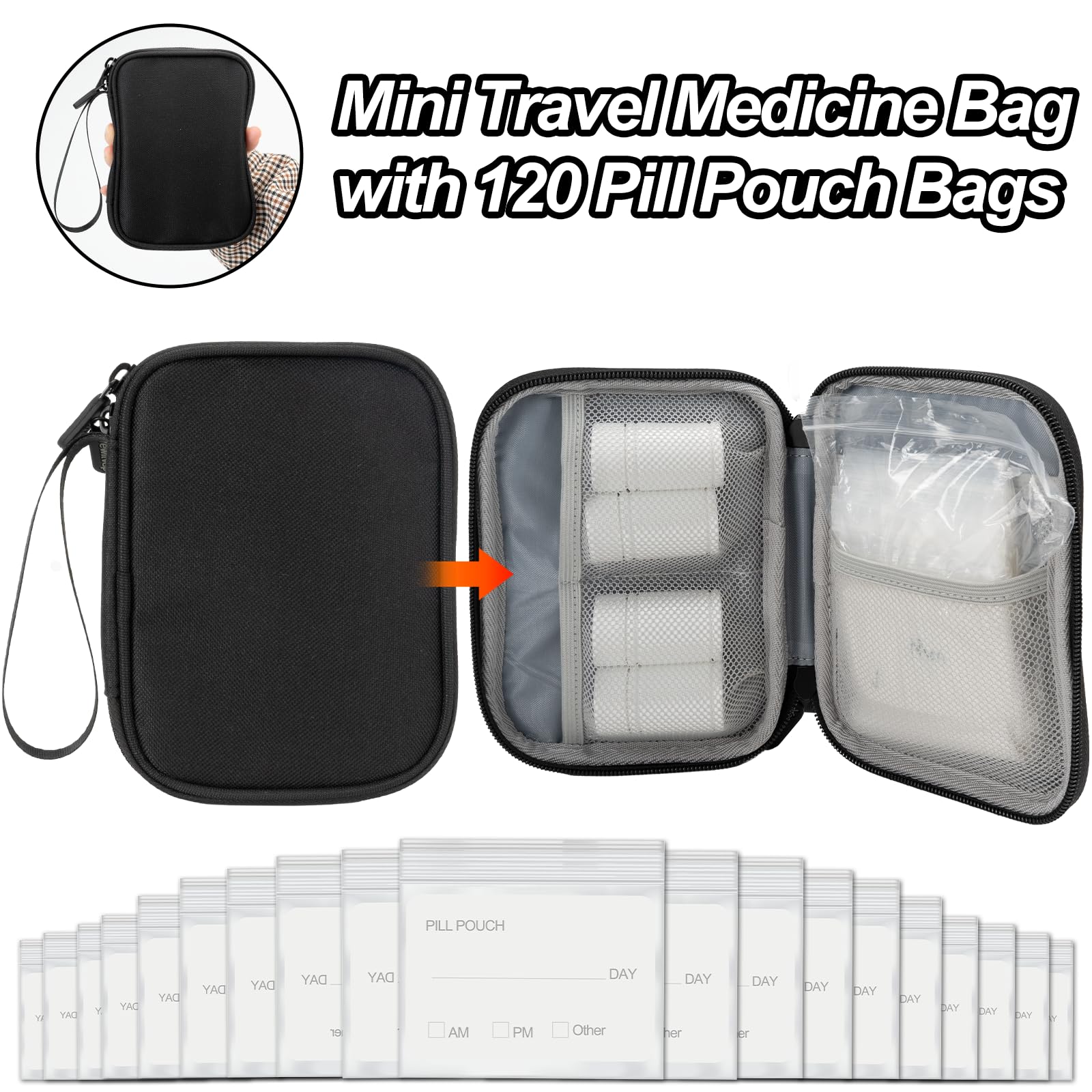 Medicine Organizer Bag, Dual Layers Pill Bottle Organizer Storage Bag with Adjustable Divide, Medication Travel Bag for Pills, Vitamins, Medical Supplies for Home with Pill Carrying Bag&Pill Pouch Bag