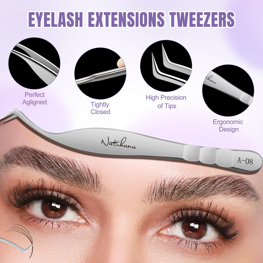 Natuhana High Precision Lash Tweezers for Individual and Volume Eyelash Extensions Pointed Premium Stainless Steel Curved Fiber Tip Professional Isolation Tweezer(Wide-S Curved Tip Tweezer A-08)