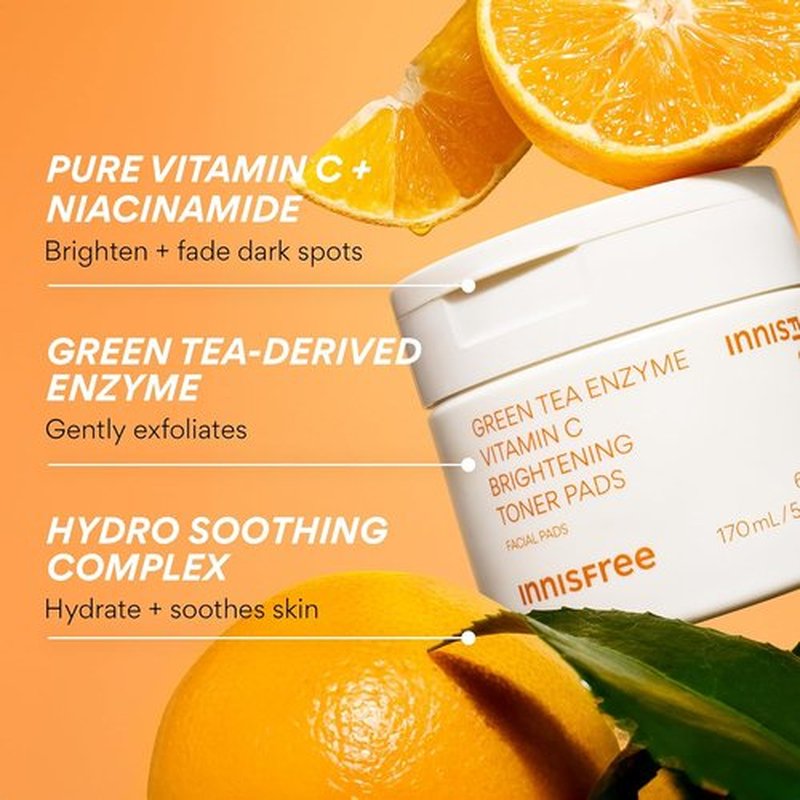 Innisfree Green Tea Enzyme Toner Pads - Brightening Face Pads for Radiant Skin & Dark Spot Reduction