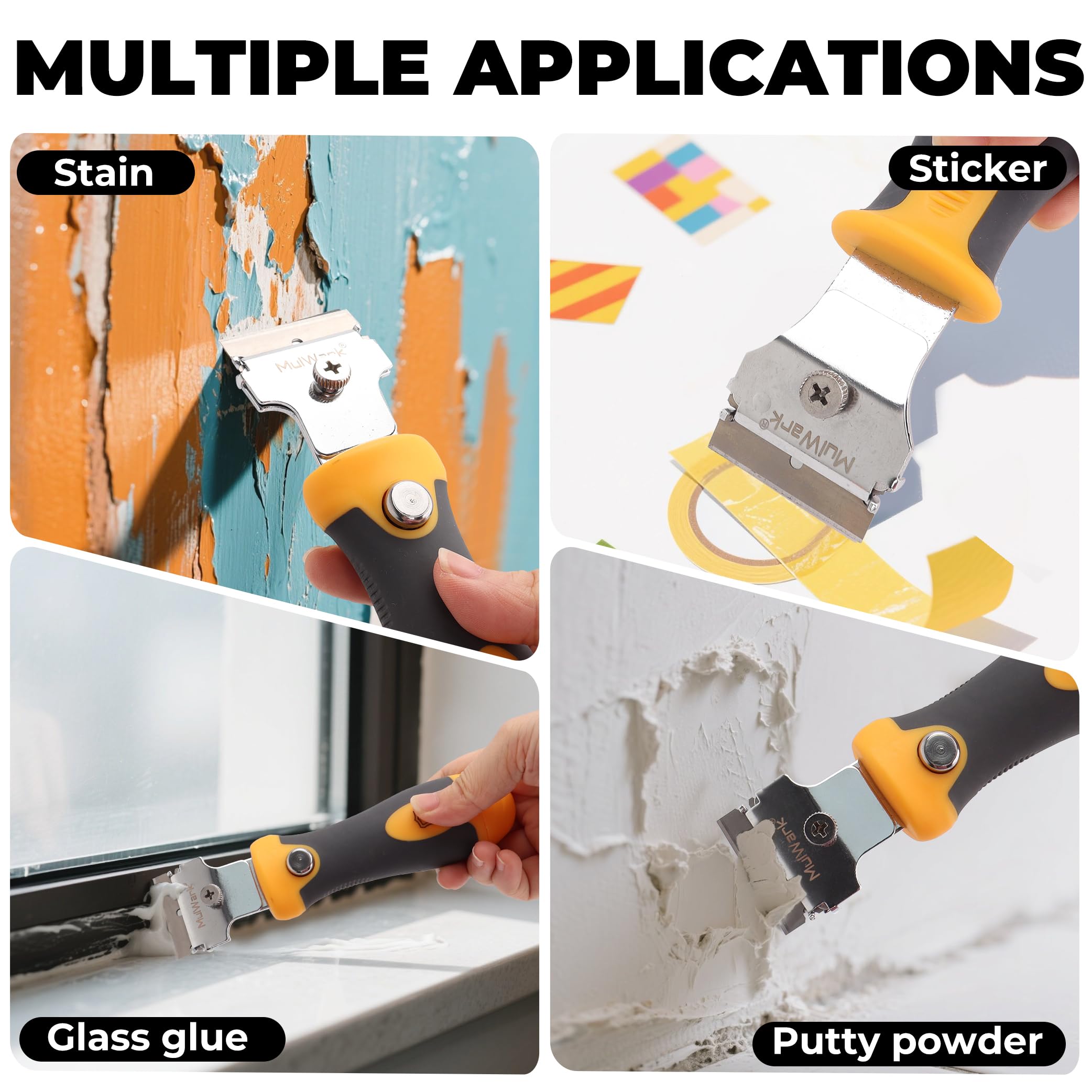 MulWark Razor Blade Scraper | 2 Handles Razor Scraper Set With Extra 12pcs Blades Heavy Duty Paint & Glass Scraper Tool With Extendable Handle for Windows, Oven Cleaning & Surface Prep