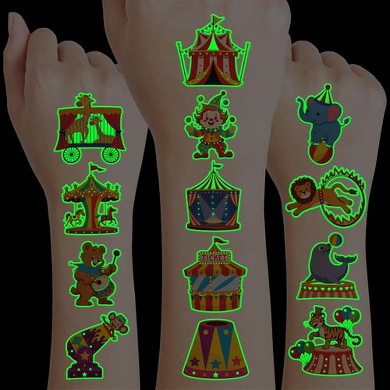96 PCS Carnival Circus Clown Pre-Cut Luminous Glow in the dark Temporary Tattoos for Kids | Super Cute Themed Birthday Party Favors, Supplies, Decorations, Fake Tattoo Stickers Gifts for Boys Girls