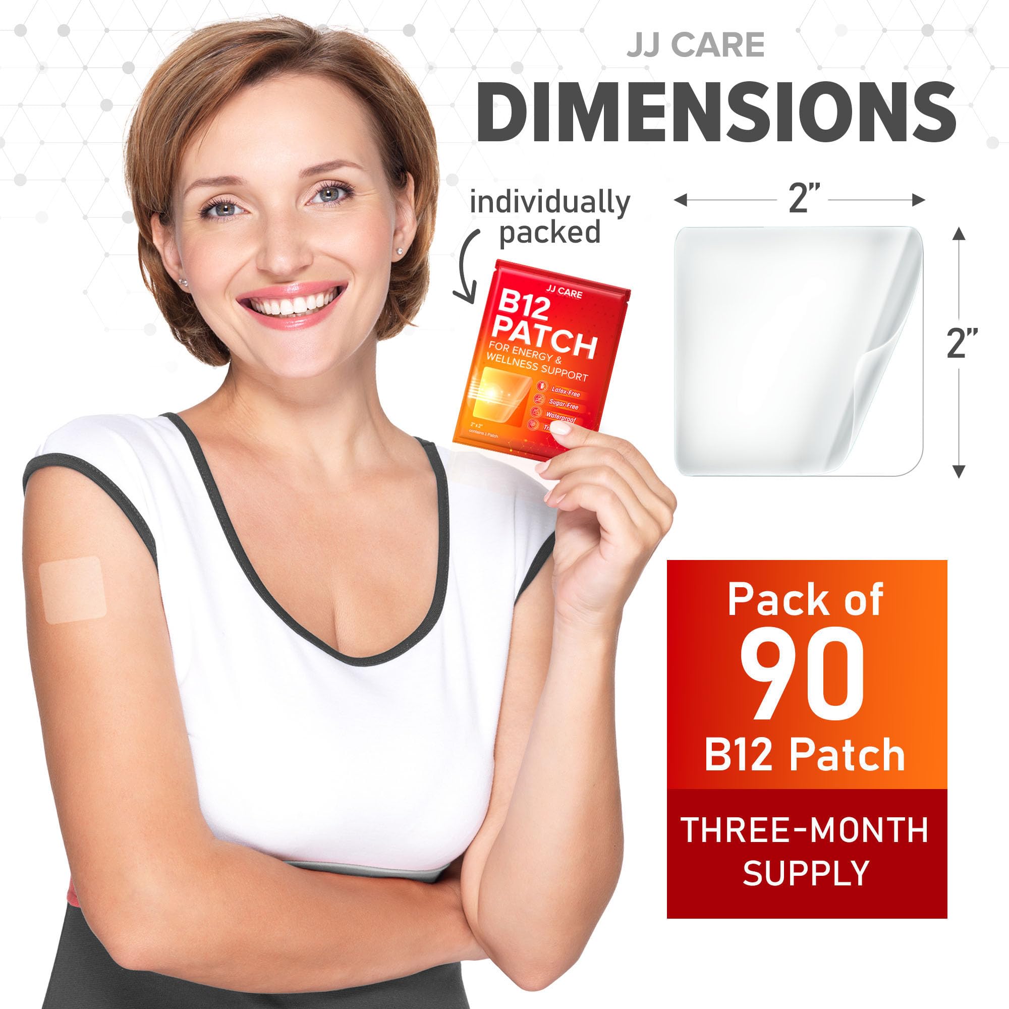 JJ CARE B12 Patch (Pack of 90), Self-Adhesive Natural Blend Topical Daily B12 Energy Patches, 3 Months Supply