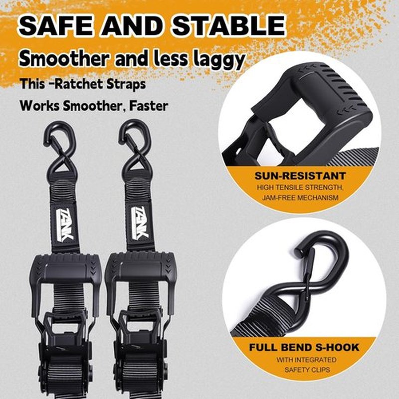 5208LB Heavy Duty Ratchet Straps - 1.5” x 16FT Tie Down Straps with Safety S Hooks for Trucks & Trailers | Black (2 Pack)