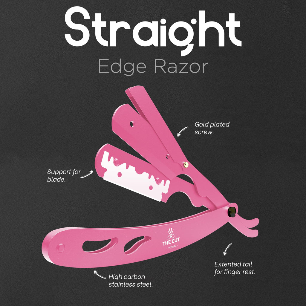 The Cut- Factory- Straight Razor with 20 Pack Platinum Treat Single Blade Razors for Men- Professional Barber Straight Edge Razor for Close Shaving 100 Percent Stainless Steel, Pink