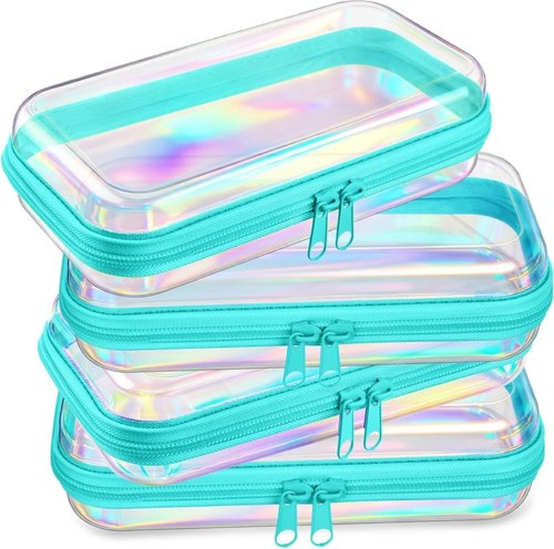 Hoolerry Clear Zipper Makeup Bags - 4 Pcs Transparent Storage Pouches for Cosmetics & Snacks | 7.5 x 3.9 x 2 in, Blue Laser