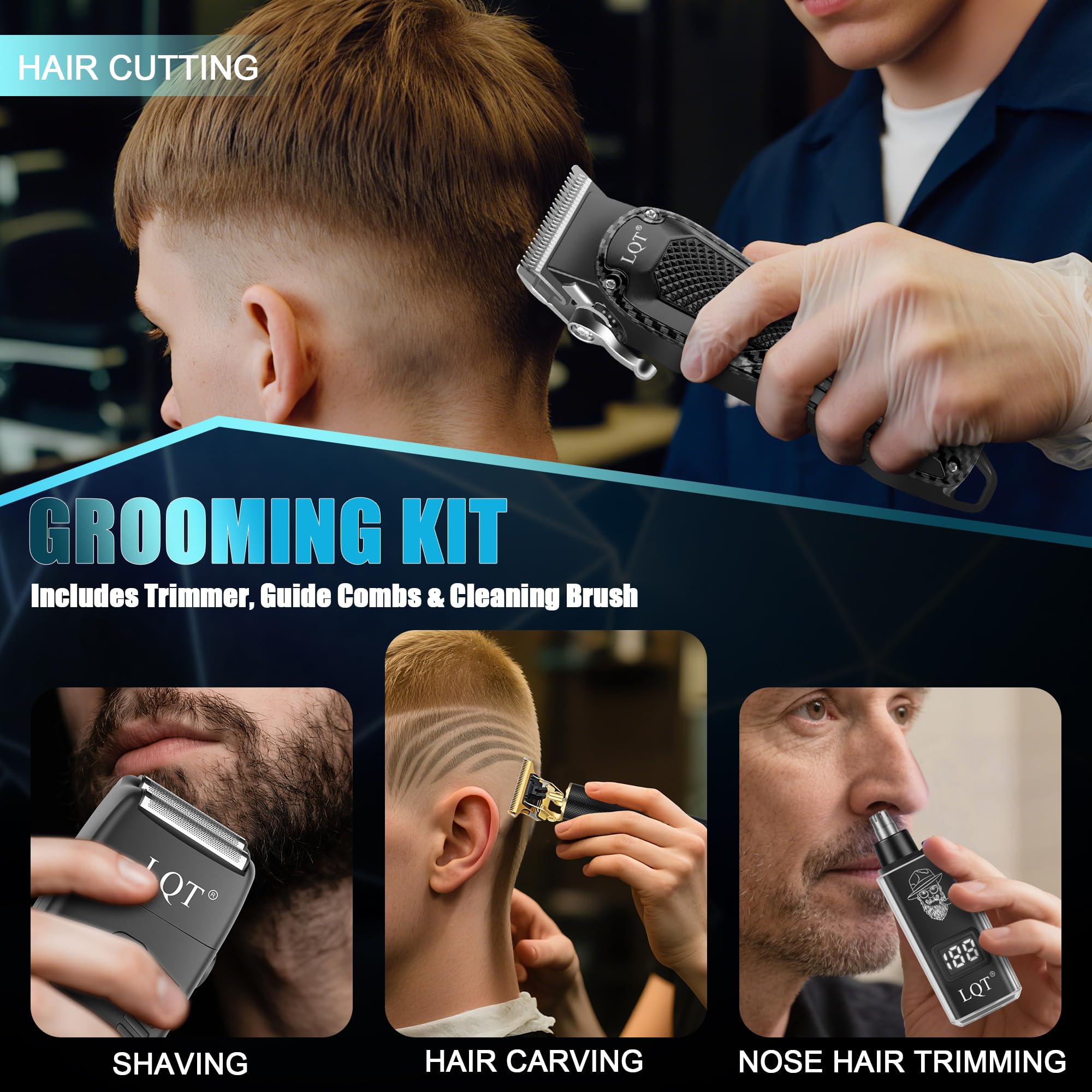 Hair Clippers for Men with LED Power Display, 4-Piece Professional Grooming Kit with Hair Clipper, Detail Trimmer, Foil Shaver & Nose Trimmer, Complete Cordless Set for Home Barber Use (Black)