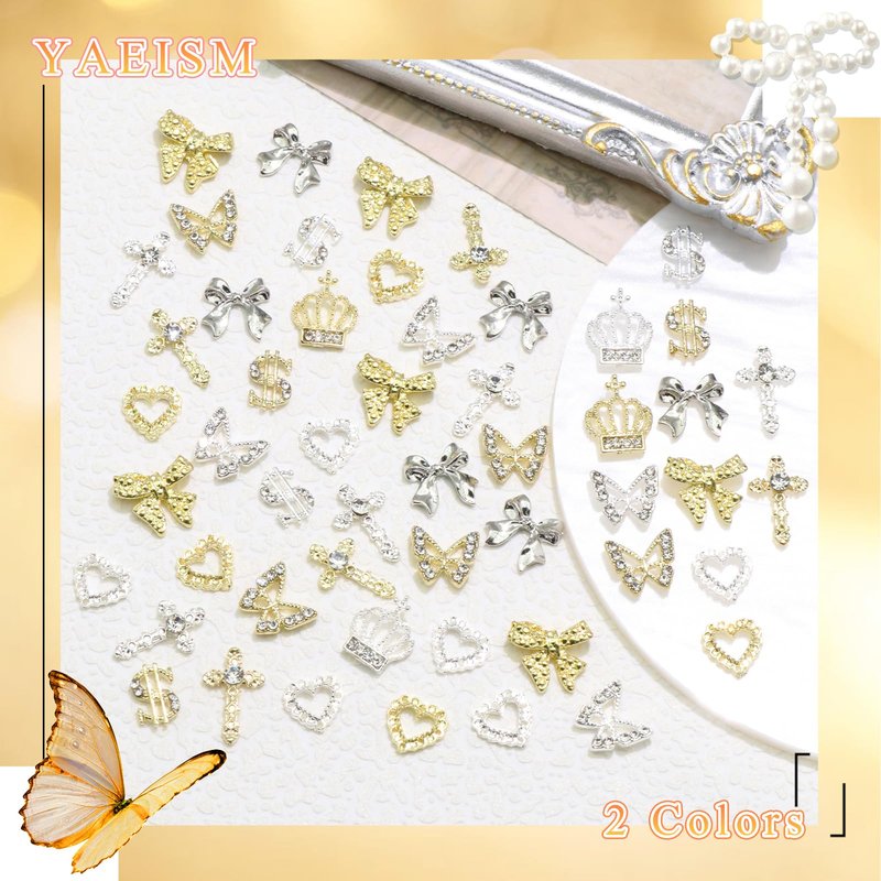 YAEISM 110PCS Gold Nail Charms 6 Types Silver Nail Charms 3D Butterfly Charms Shiny Dollar Sign Nail Charms Crystal Crown Nail Charms Alloy Heart Bow Nails for Nail Art and DIY Crafts Decoration
