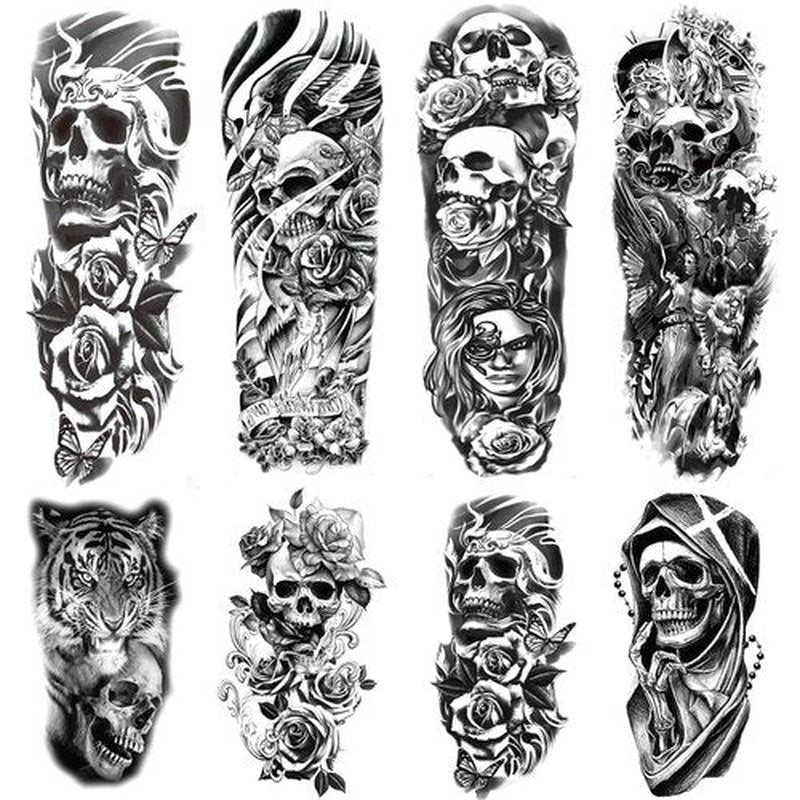 Halloween Temporary Tattoos 4-Sheet Skull Full Sleeve Tattoos and 4-Sheet Fake Skull Half Arm Tattoo Stickers