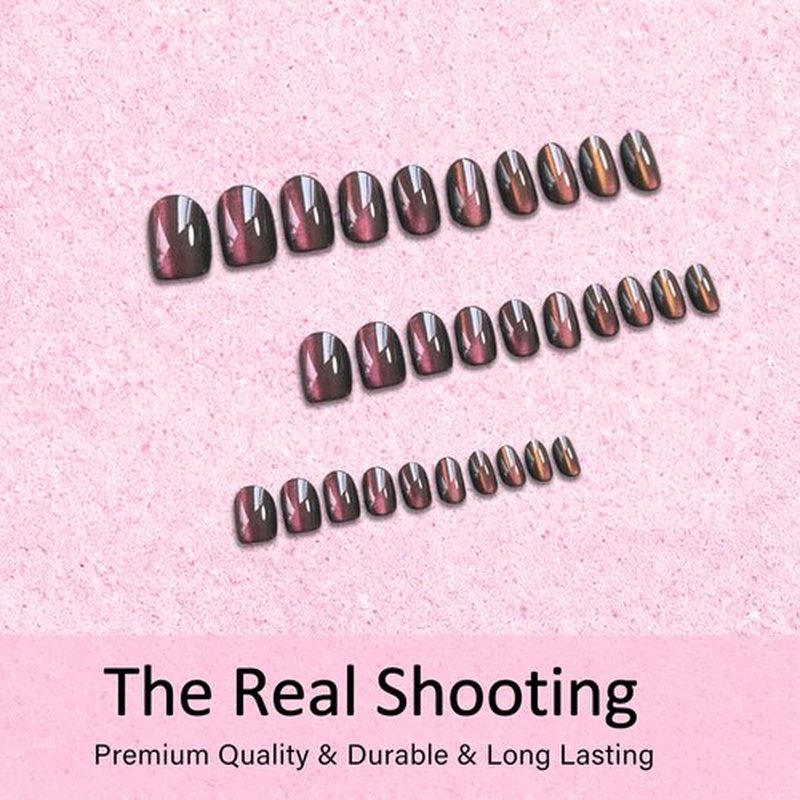 KXAMELIE Cat Eye Press on Nails Short Oval, Baby Pink Black Fake Nails with a Chrome Sparkle Finish, Glitter Gel Glue on Nails Press Ons Short, Cute Design, 30 Pcs 15 Sizes Reusable Thick Nail Set