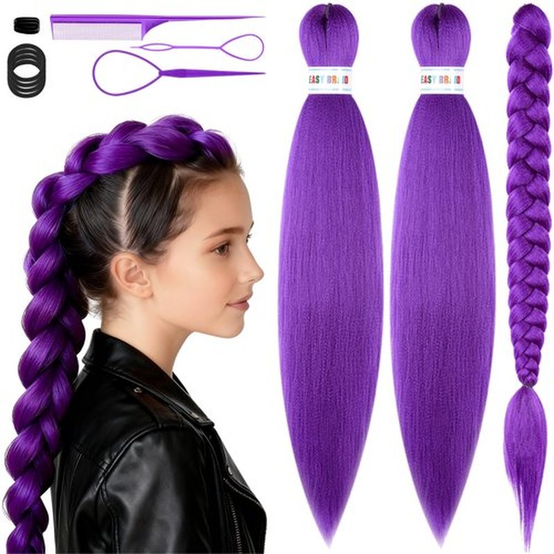 26in Long Purple Hair Extensions for Braids: Pre Stretched Purple Braid Wigs, Jumbo Braiding Hair for Women Themed Dress Up Party Cosplay Birthday Halloween Costume Wig (26in, Count, 2)