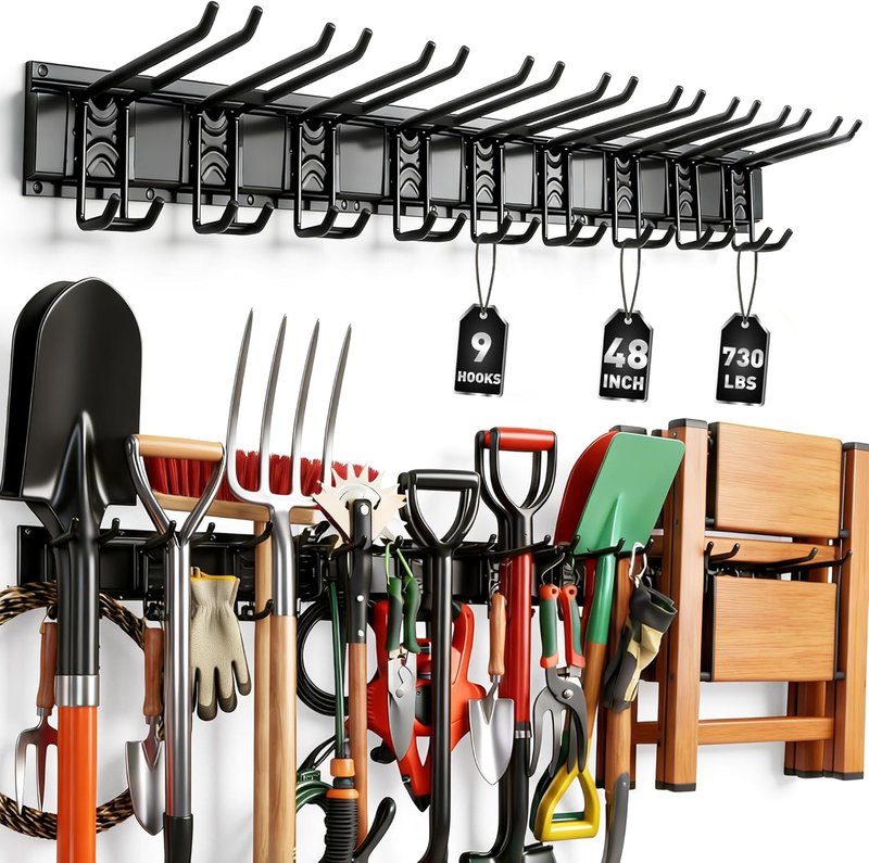 ELEAD Garage Tool Organizer - 9-Pairs Heavy Duty Wall Mount Hooks | Adjustable 48-Inch Design for Yard Tools