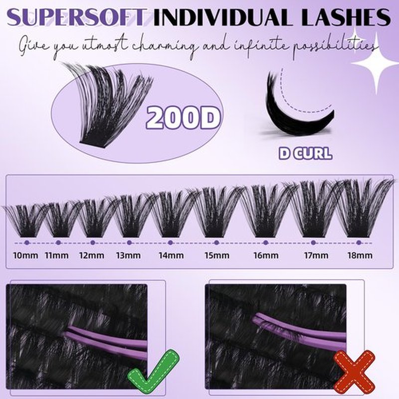 B&Q Fluffy Lash Clusters Thick 200D, Volume Eyelash Clusters 10-18mm, D Curl Cluster Eyelash Extensions, Supersoft Individual Lashes Wispy Cluster Lashes Dramatic Full Look Eyelash（200D）