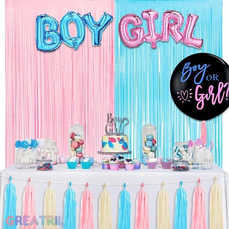 GREATRIL Party Photo Backdrop - Pink & Blue Foil Fringe Tinsel Streamers for Gender Reveal & Birthdays - 3.2ft X 8.2ft | 2 Packs
