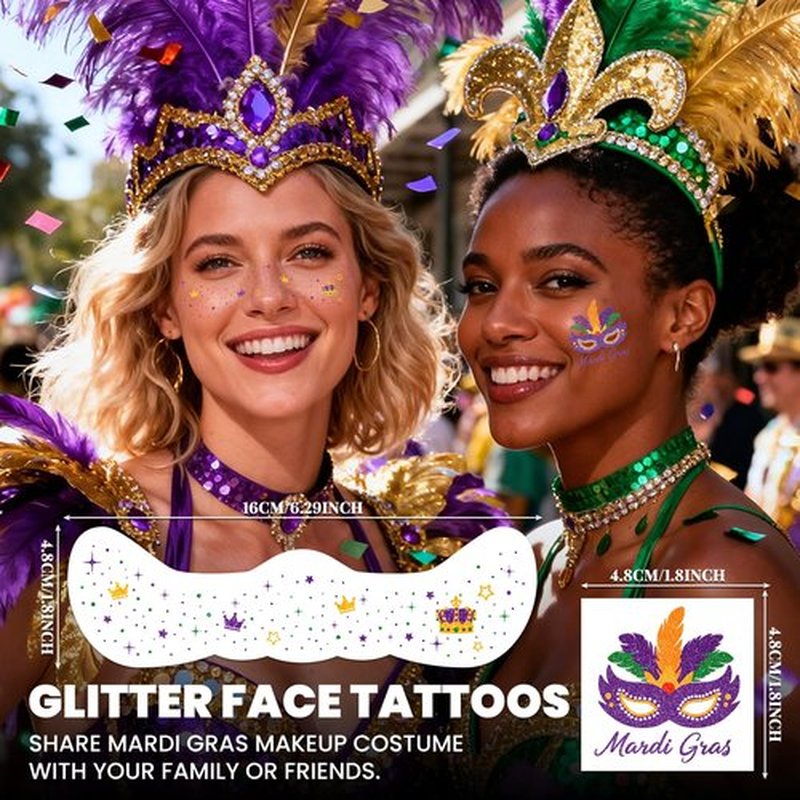 EMOME Mardi Gras Decorations, Mardi Gras Freckles Face Tattoos with Body Glitter Temporary Tattoo Stickers, Mardi Gras Costume Outfit Makeup Accessories Carnival for Women, Girls, Party Favors