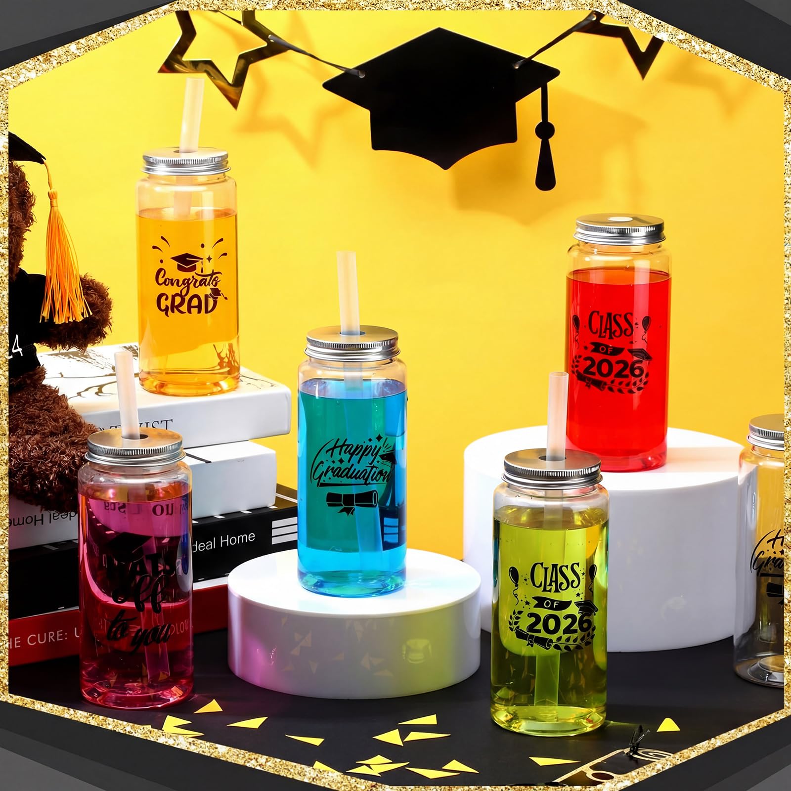 Jingmore 24 Pcs Black Graduation Cups with Straws Bulk 13.5 oz Class of 2026 Plastic Mason Jars Reusable Tumbler Coffee Tea Hot Cocoa Beverage Happy Graduation Tumbler for Congrats Grad Party Gifts