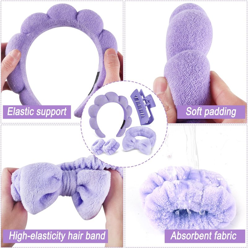 Zkptops 5Pcs Spa Headband for Washing Face Wristband Set Sponge Makeup Skincare Terry Cloth Bubble Soft Hairband Claw Clips for Thick Hair Puffy Padded Headwear Non Slip Hair Accessory (Purple)