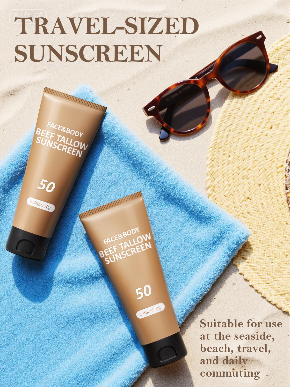 Beef Tallow Sunscreen, Sunscreen for Face, Natural Reef Safe Sunblock for Face Body, Non Greasy Clean Travel Sun Screen Sunblock for Sunmmer Outdoor Travel, 3 Packs