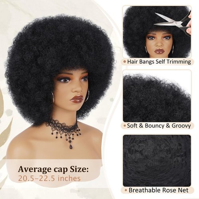 BESSY HAIR Black Afro Wigs for Women, 70s Disco Wig with Bangs Big Bouncy Fluffy Puff and Soft Natural Look Synthetic Black Hair Curly Afro Wigs for Daily Party Cosplay Costume Halloweeen 14 Inch
