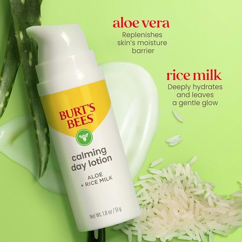 Burt's Bees Calming Day Face Lotion - Soothing Aloe & Rice Milk Formula for Sensitive Skin | 1.8 oz Bottle