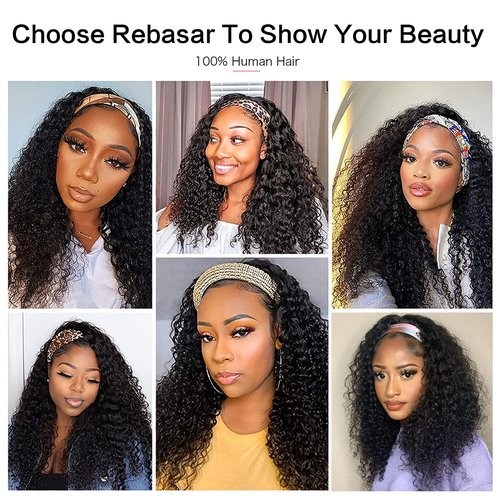 Deep Wave Headband Wig Human Hair 14 Inch Curly Headband Wigs for Black Women Human Hair Glueless None Lace Front Wig Brazilian Virgin Hair Wear and Go Wigs 150% Density Natural Black Color