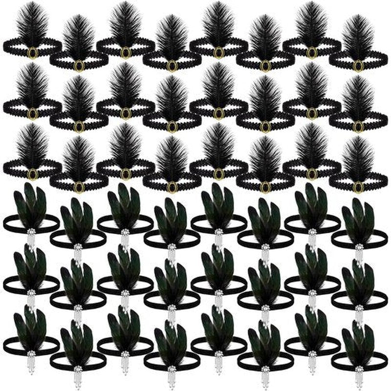 Ceenna 24 Pieces 1920s Flapper Headband Black Feather Headband Costume Flapper Headpiece 20s Rhinestone Hair Accessory for Women