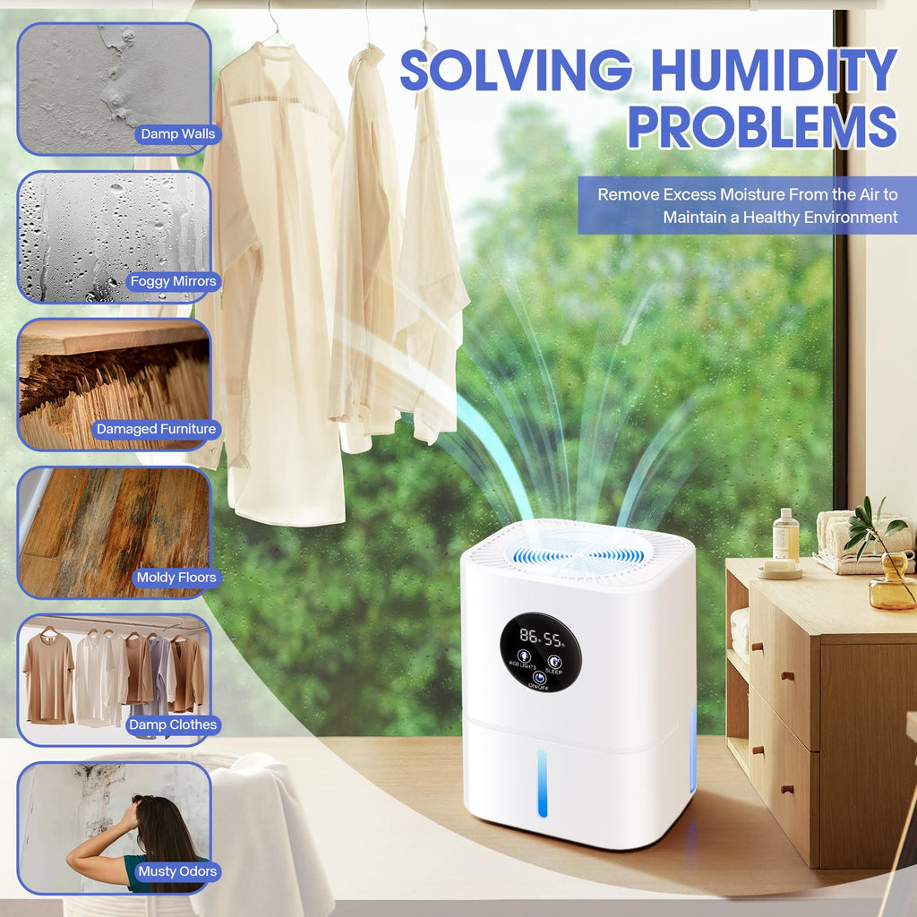 Dehumidifier,37 OZ Small Quiet Dehumidifiers with Auto Shut Off,7 Colors LED Light,Digital Display,Sleep Modes,Intelligent Remote Control for Home (1000 sq.ft),Bathroom,Bedroom, Basement (White)