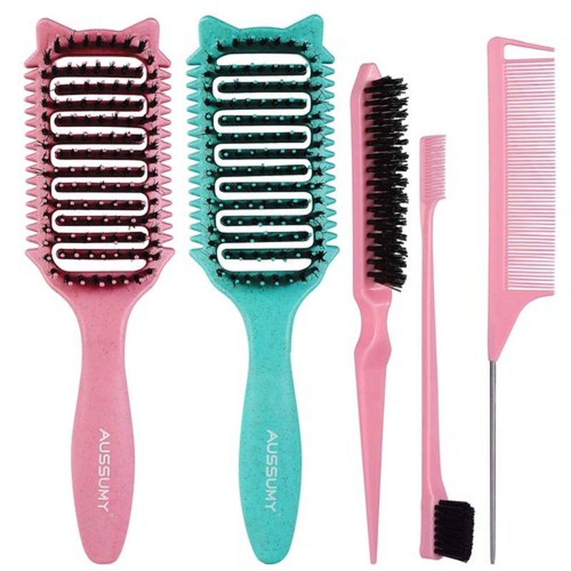 Aussumy 2 Pack Curly Defining & Detangling Brush - With Boar Bristle & 3 Styling Comb Tools – Shine to Shape & Define Natural Curl Waves & Coils - Vented Anti-Frizz Wet or Dry Hair for Women Men Kids