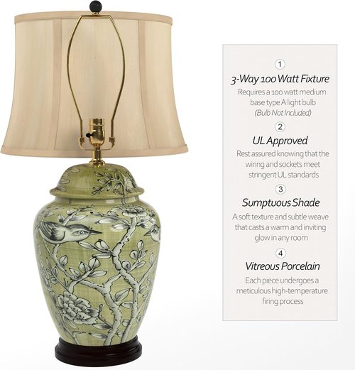 Red Lantern Jade Green Birds and Flowers Lamp - Elegant 25-Inch Design for Home Decor