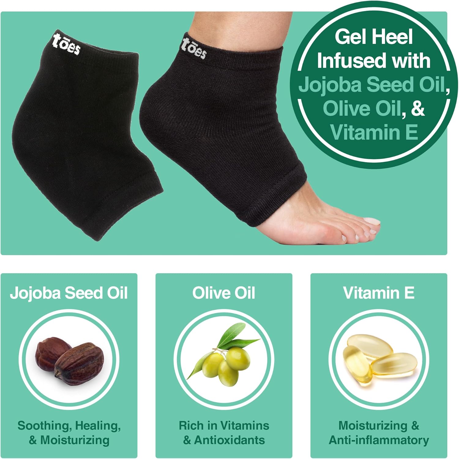 ZenToes Moisturizing Heel Socks - Cracked Heel Treatment with Vitamin E & Jojoba Oil | Black Cotton, Regular Size