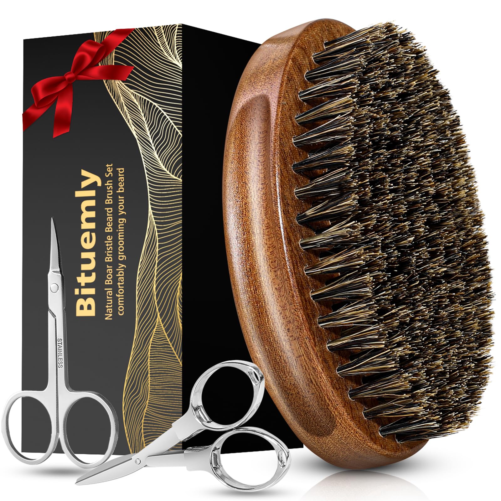 Bituemly Beard Brush, Stocking Stuffers Boar Bristle Beard Brush for Men and Mustache Scissors Facial Hair Grooming Kit, Detangles Boars Hair Styling Beard Tool, Christmas Gift for Boyfriend Husband