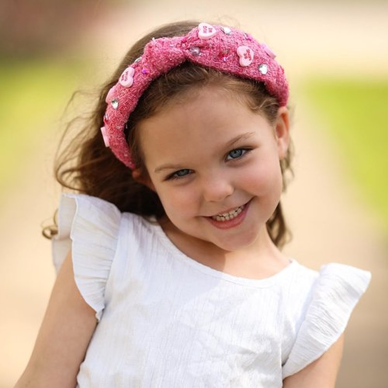 FROG SAC Top Knot Headband for Girls - Knotted Head Bands for Kids, Candy Heart Hair Band for Children, Pink Embellished Hair Accessories for Toddlers, Valentines Little Girl Fashion Hairband