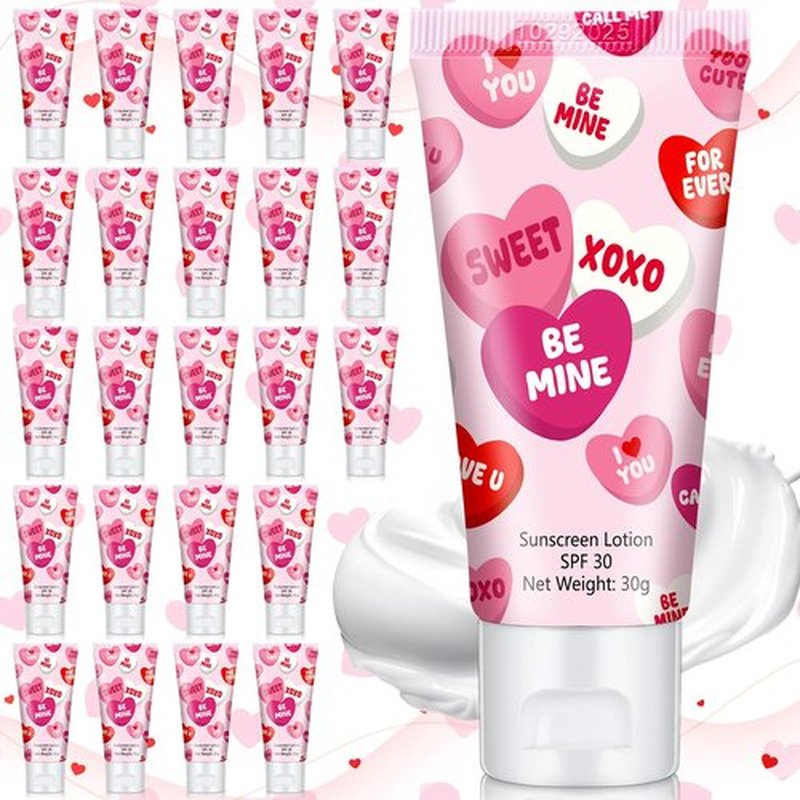 Dansib 24 Pcs Mini Sunscreen Bulk for Valentine's Day Party Spf 30 Water Resistant Sunscreen Lotion Bulk 1oz Travel Size for Thank You Gifts Valentines Party Supplies