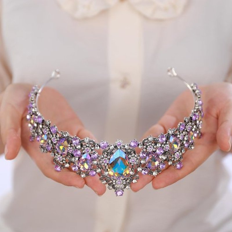 BERYUAN Bridal Baroque Purple Crystal Silver Headpiece Silver Princess Wedding Headband Royal Shiny Colorful Crystal Rhinestone Hair Costume for Women (purple)