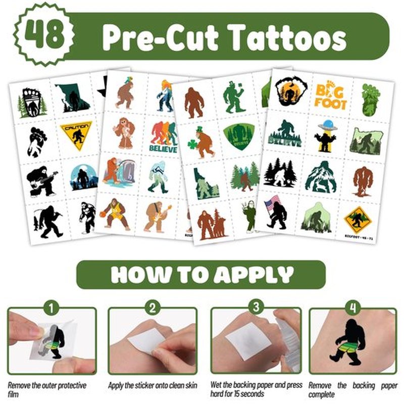 72PCS Bigfoot Party Set | 48PCS Temporary Tattoos & 24PCS Slap Bracelets | Fun Sasquatch-Themed Birthday Supplies, Baby Shower Gifts, Classroom Rewards & Party Decorations for Kids (Boys & Girls)