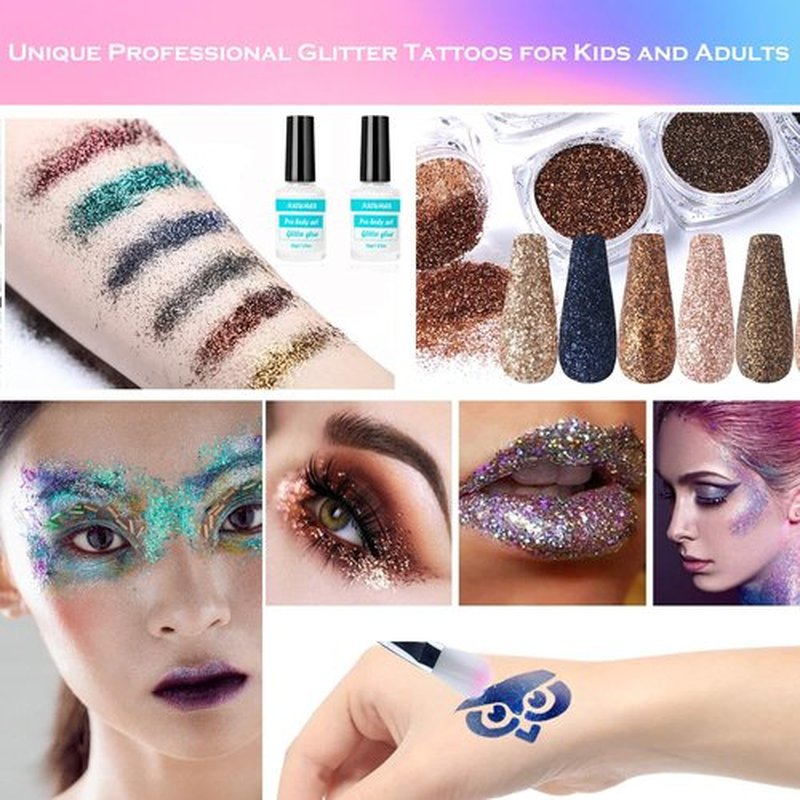 Glitter Tattoos Kit 48 Colors Waterproof Temporary Tattoos with 203 Stencils, 5 Brushes 4 Glue, Body Nail Art, Body Glitter Festival Party (48 Colors)