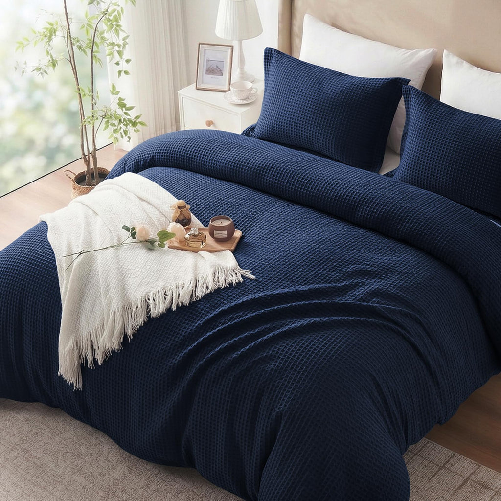 Easthome Waffle Weave Cotton Duvet Cover King Size - 100% Cotton Duvet Cover Set for All Season, Textured PureWoven Breathable Bedding Sets 3 Pcs with 2 Pillow Shams, Zipper, 4 Conner Ties,Navy Blue