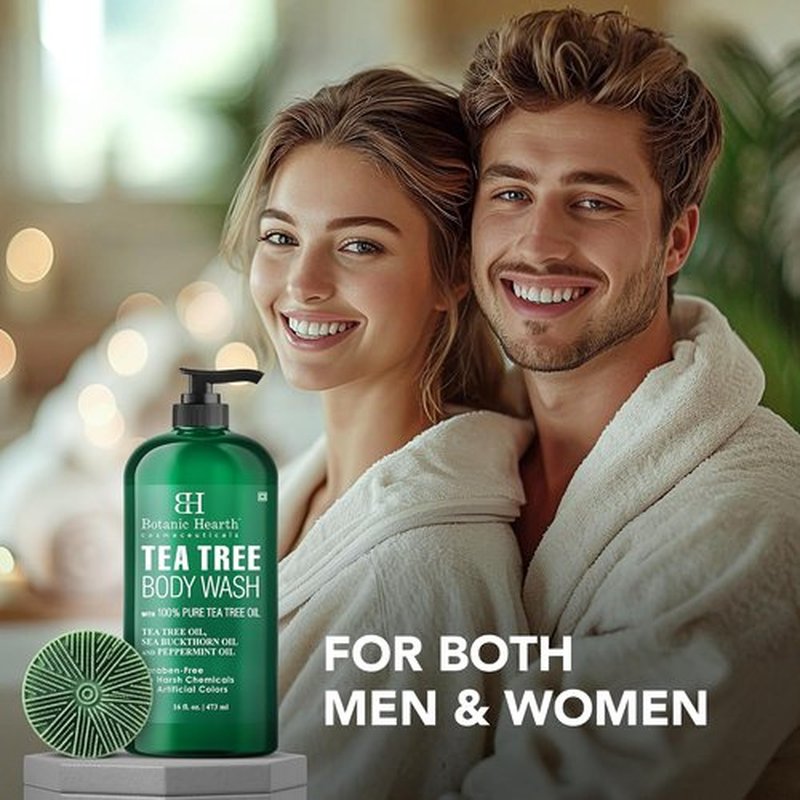 Botanic Hearth Tea Tree Body Wash - Infused with 100% Pure Tea Tree Oil & Coconut | 16 fl oz with Dual-Sided Brush