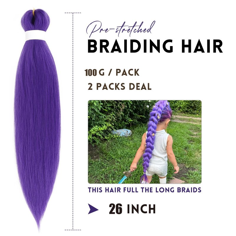 Xcrayto Long Purple Braiding Hair Pre Stretched 26Inch Synthetic DIY Braiding Hair Extensions For Braids 2 packs Purple Rumi Hair Extensions For Stage Party Halloween Costume Cosplay