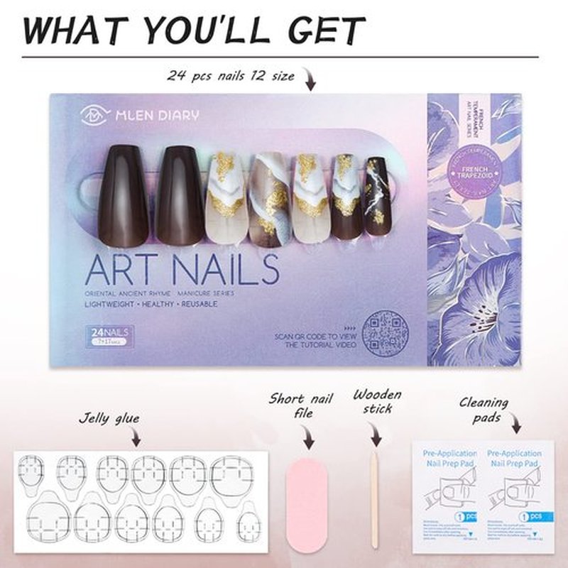 MLEN DIARY 24pcs Press On Nails Long Squoval Manicure Brown Acrylic Gel Nails Kit Reusable Press-On Nails Coffin 12 Sizes Full Cover Square False Nails Decoration(Sienna)