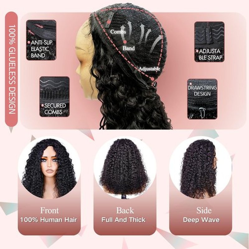 Pinketer Deep Wave Half Wig Human Hair 24inch Wear and Go Glueless Curly Wig 200% Density 3 In 1 Seamless Flip Over Drawstring No Headband Wig for Black Women Beginner Friendly Natural Color