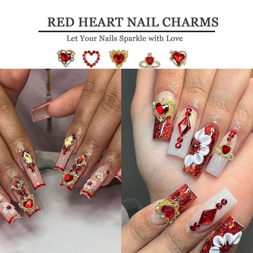 Gold Nail Charms - 40PCS 3D Gold Bows, Red Rhinestones & Cross Virgin Mary Charms for Y2K Nail Art | Birthday Gifts, DIY Manicure Supplies (Cute Metal & Rhinestone Mix)
