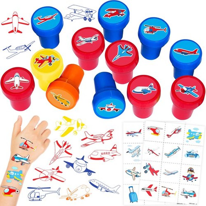 36PCS Airplane Party Favors - 24PCS Pre-Cut Temporary Tattoos & 12PCS Stamps - Ideal Aircraft Themed Birthday Card Decorations Supplies Goodie Bag Baby Shower Kids Gifts Classroom Rewards Prizes
