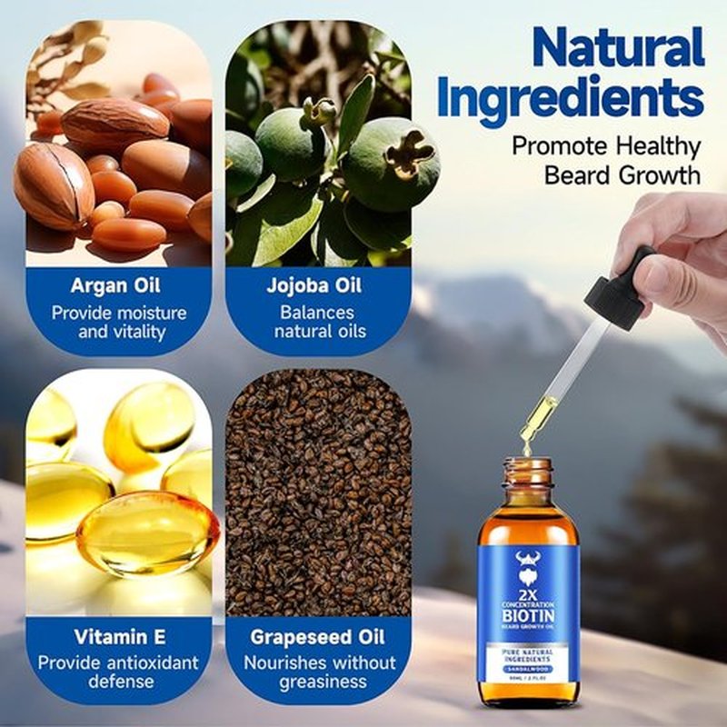 Skiennix Beard Growth Oil - 2X Concentration Biotin Formula for Men (2 oz) | Natural Argan & Jojoba Oil, Sandalwood Scent