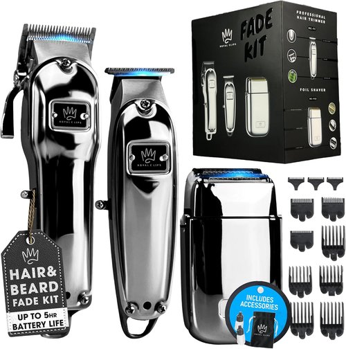 Royal Clips Hair and Beard Fade Kit - Professional Clipper, Trimmer & Foil Shaver Bundle for Men | Complete Grooming Set in Silver