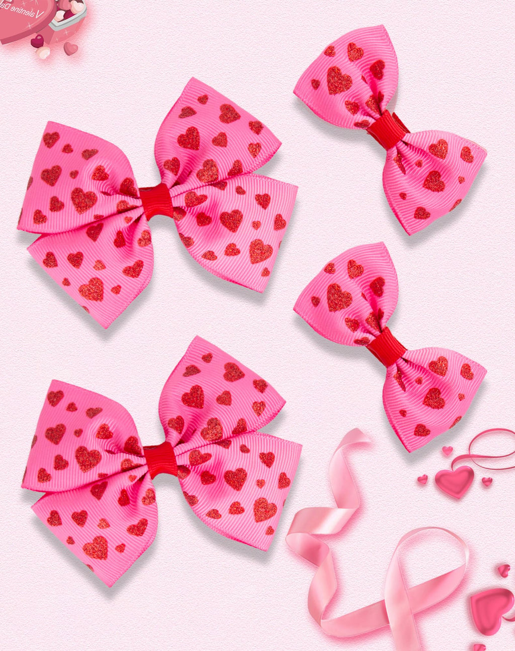 Valentines Day Hair Bow Clips Set, 4PCS Glitter Red Heart Hair Accessories for Girls & Teens, Non Slip Metal Hairpin Love Valentines Day Bows for Ponytail & Braids - Hot Pink