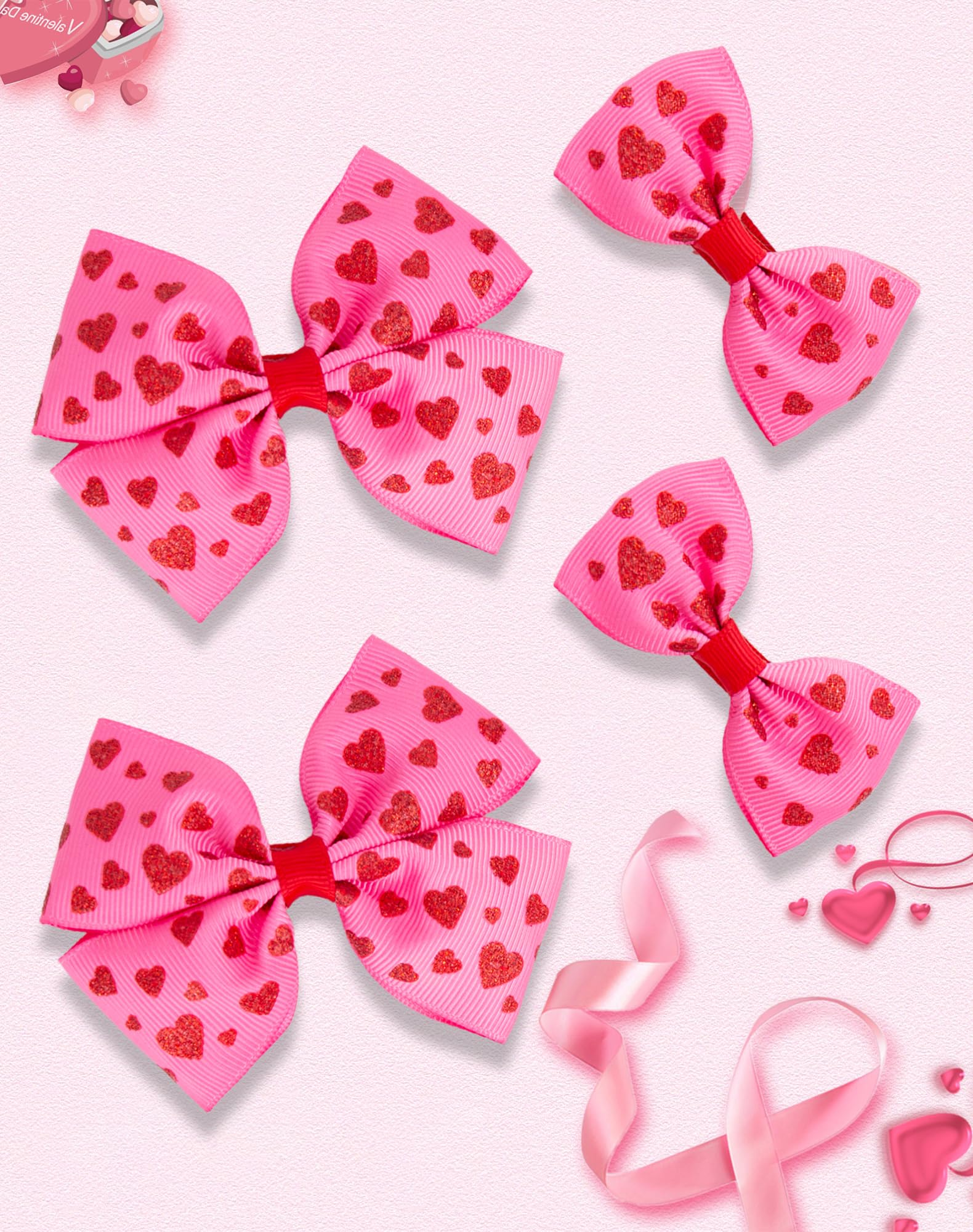 Valentines Day Hair Bow Clips Set, 4PCS Glitter Red Heart Hair Accessories for Girls & Teens, Non Slip Metal Hairpin Love Valentines Day Bows for Ponytail & Braids - Hot Pink