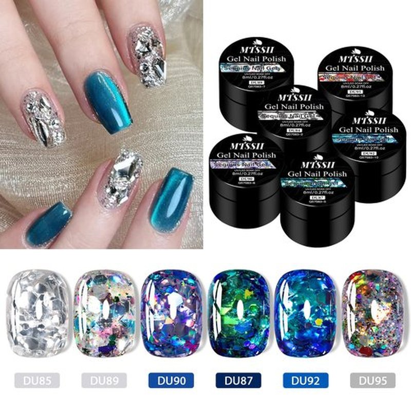MTSSII Glitter Sequins Nail Gel Soak Off UV/LED Nail Gel Shiny Bling Nail Art Design Gel for Beauty Salon And Home Use