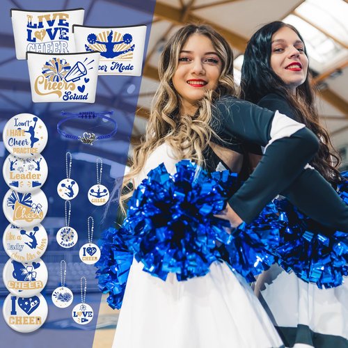 Lyrow 160 Pcs Cheerleader Gifts Bulk for Team Back to School Gift Cheer Scrunchies Hair Ties Makeup Bag Cheer Mirror Bracelet Keychain Sticker for Cheerleader Gift(Blue)