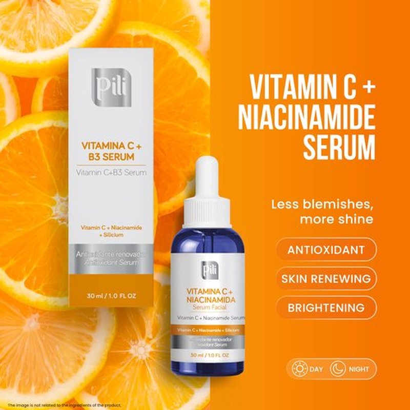 Pili Vitamin C Serum with Niacinamide & Organic Silicon – Brightening, Hydrating & Anti-Aging Face Serum for All Skin Types, Including Oily & Acne-Prone Skin – 1 fl oz